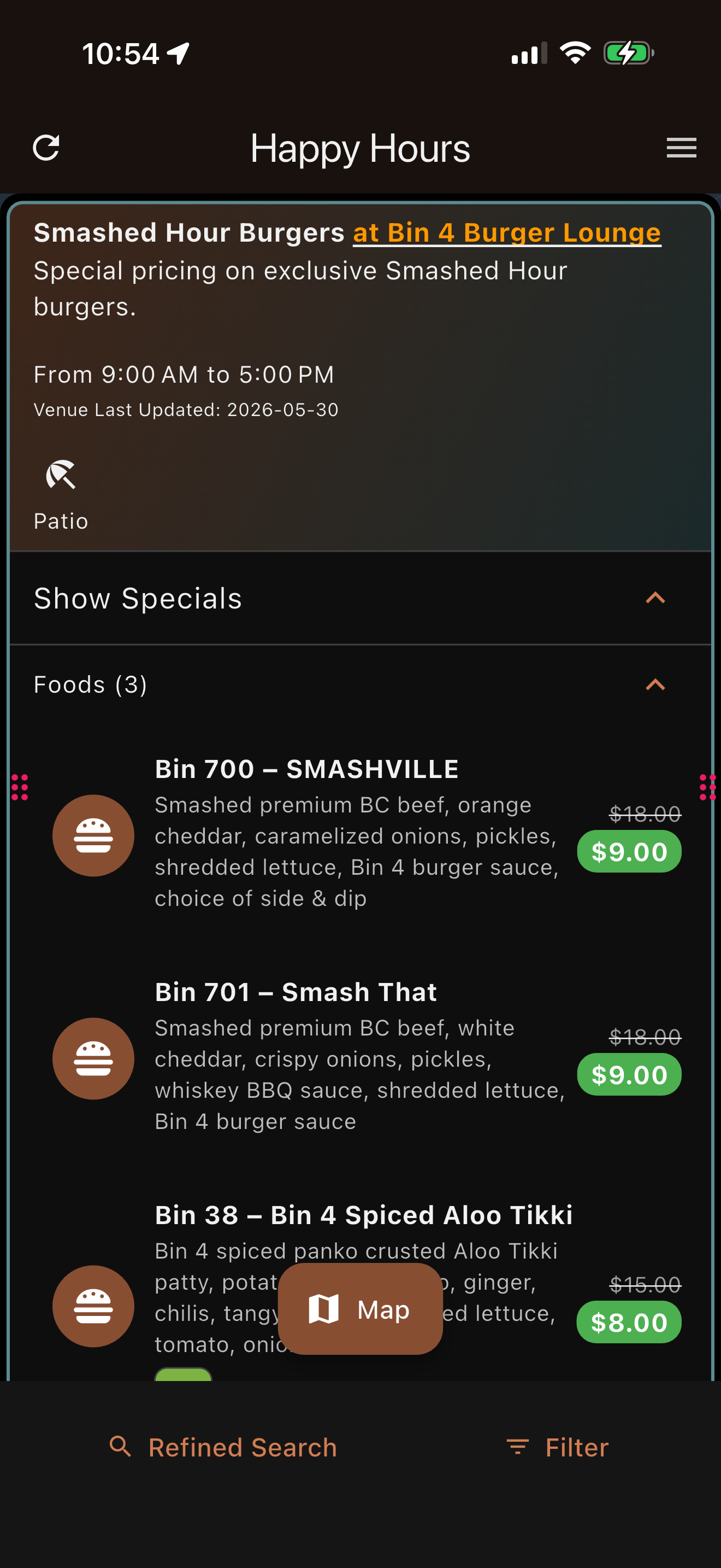 Happy Hours App Menu Specials View