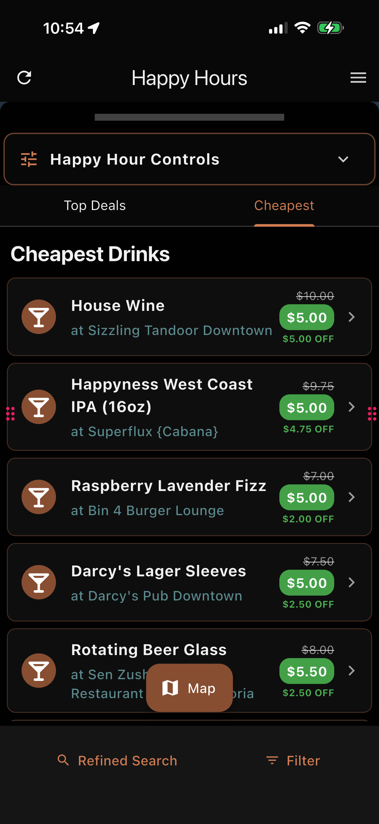 Happy Hours App Favorite Bars View