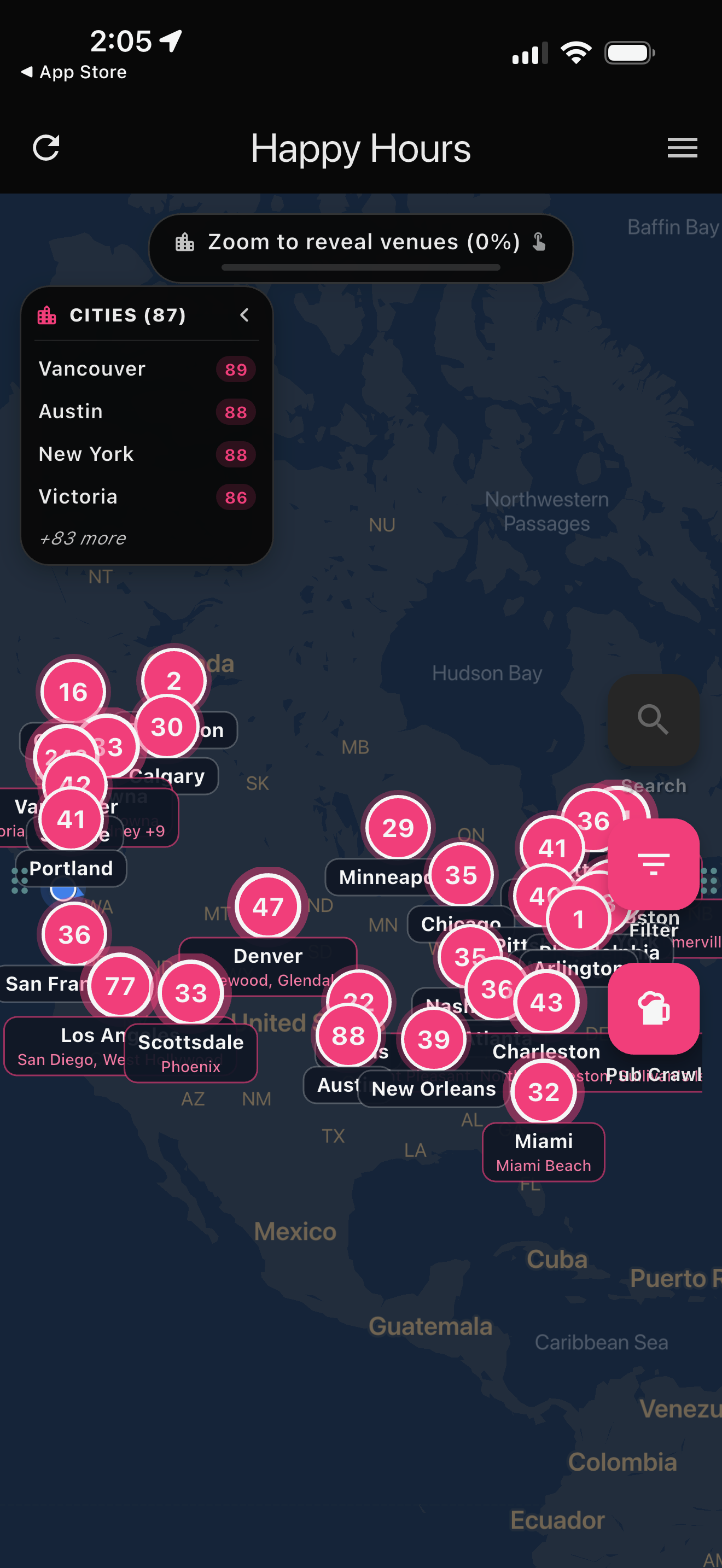 Happy Hours App City Clusters and Coverage