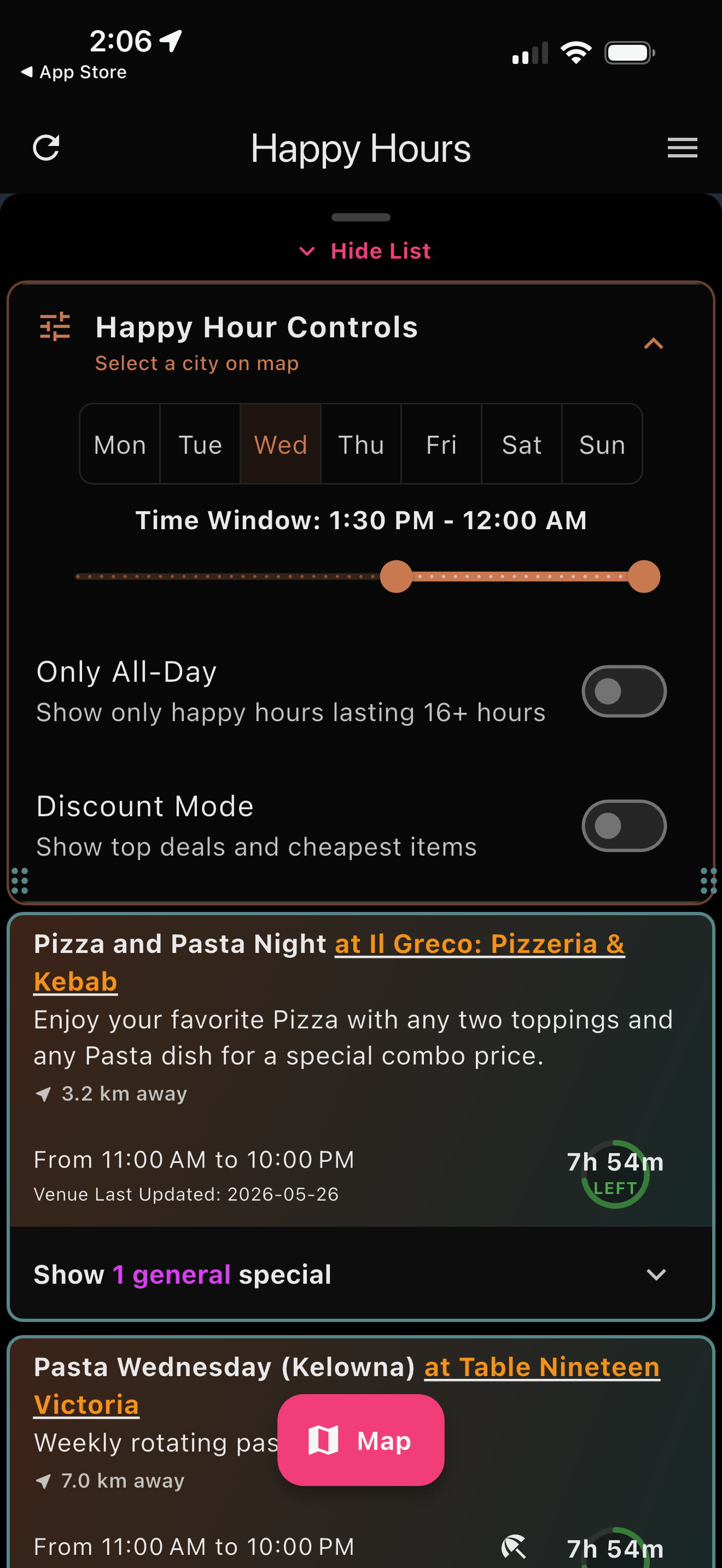 Happy Hours App Time Sliders and Day Filters