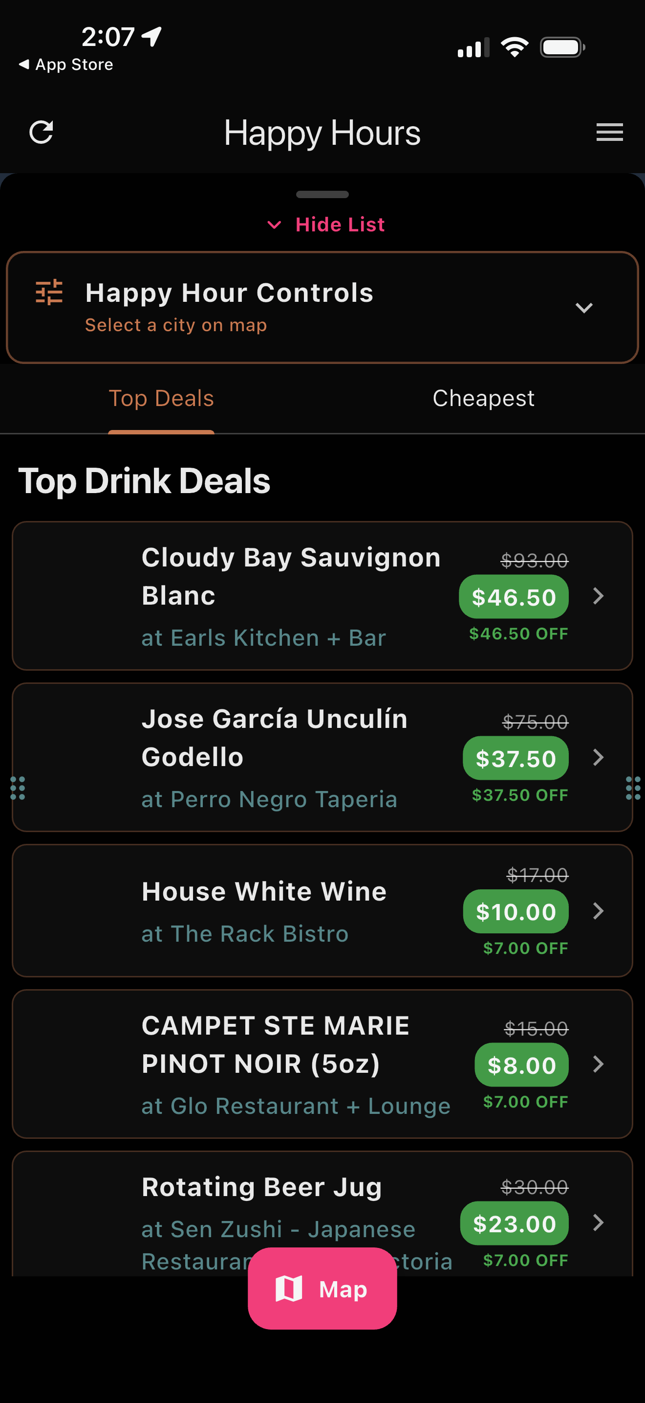 Happy Hours App Discount Mode and Top Drink Specials