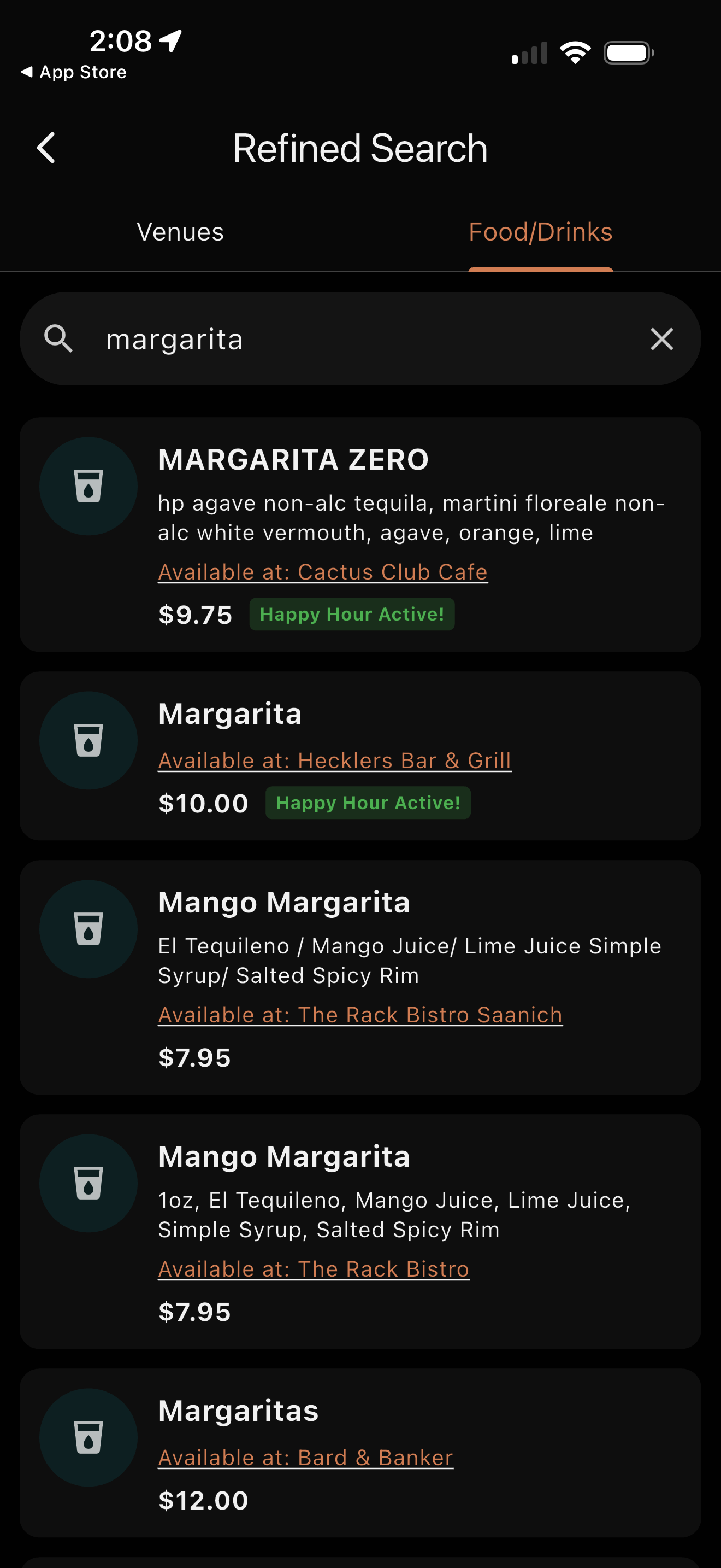 Happy Hours App Drink and Food Item Search