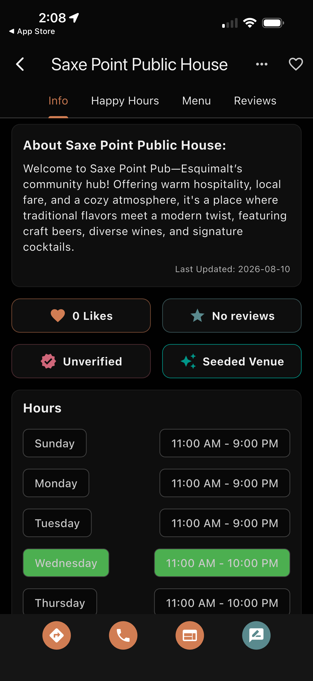 Happy Hours App Venue Details and Operating Hours